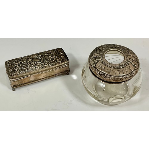 251 - CUT GLASS HAIR TIDY WITH EMBOSSED SILVER TOP AND A RECTANGULAR SILVER TRINKET BOX WITH HINGED LID AN... 