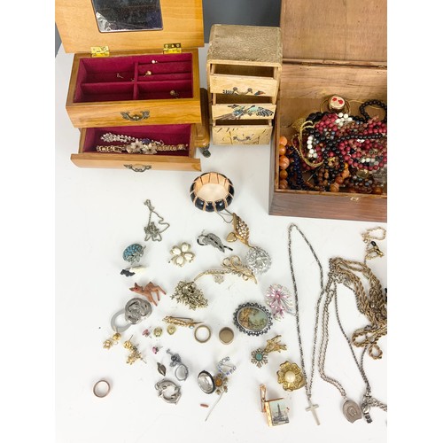 513 - 3 BOXES OF VARIOUS VINTAGE COSTUME JEWELLERY INC SILVER CHAINS , PENDANTS , BROOCHES, WATCHES, BEADS... 