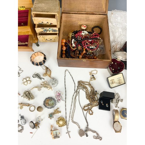 513 - 3 BOXES OF VARIOUS VINTAGE COSTUME JEWELLERY INC SILVER CHAINS , PENDANTS , BROOCHES, WATCHES, BEADS... 