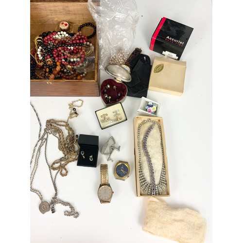 513 - 3 BOXES OF VARIOUS VINTAGE COSTUME JEWELLERY INC SILVER CHAINS , PENDANTS , BROOCHES, WATCHES, BEADS... 