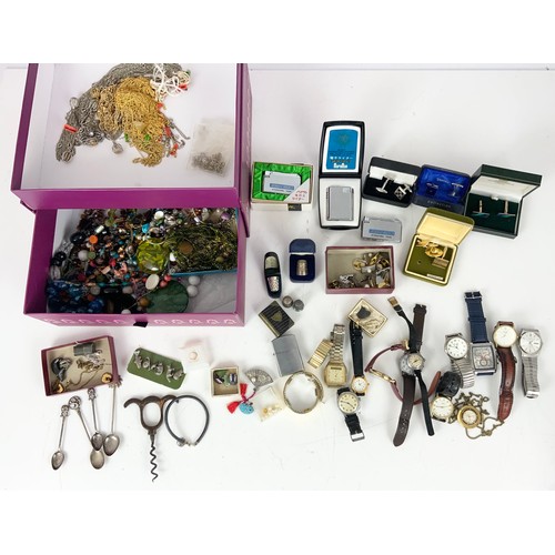 518 - COSTUME JEWELLERY, WATCHES & CURIOS INC NECKLACES, SILVER THIMBLES , LIGHTERS ETC