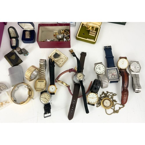 518 - COSTUME JEWELLERY, WATCHES & CURIOS INC NECKLACES, SILVER THIMBLES , LIGHTERS ETC