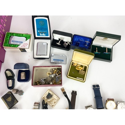 518 - COSTUME JEWELLERY, WATCHES & CURIOS INC NECKLACES, SILVER THIMBLES , LIGHTERS ETC