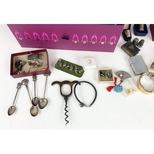 518 - COSTUME JEWELLERY, WATCHES & CURIOS INC NECKLACES, SILVER THIMBLES , LIGHTERS ETC