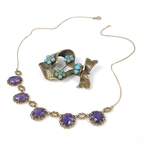 547 - PRETTY AMETHYST NECKLACE AND A TURQUOISE SET BROOCH