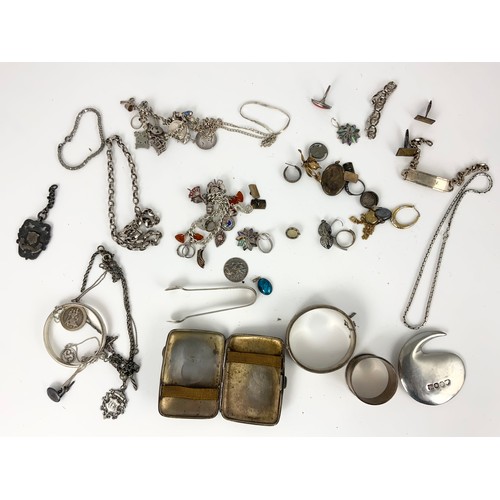 568 - MIXED SILVER ETC INC SILVER CHARM BRACELETS, BRACELETS BANGLES , CIGARETTE CASE ETC