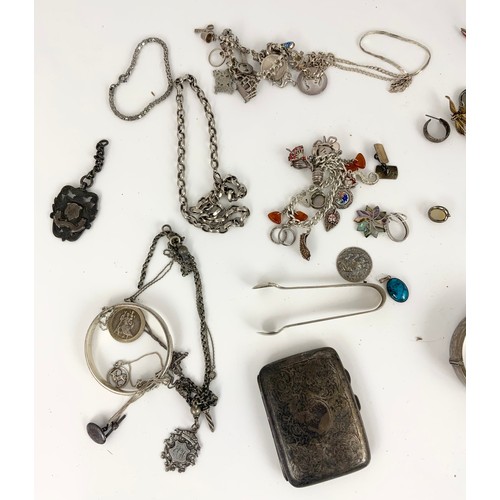 568 - MIXED SILVER ETC INC SILVER CHARM BRACELETS, BRACELETS BANGLES , CIGARETTE CASE ETC