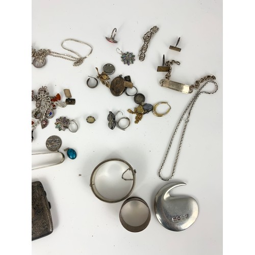 568 - MIXED SILVER ETC INC SILVER CHARM BRACELETS, BRACELETS BANGLES , CIGARETTE CASE ETC