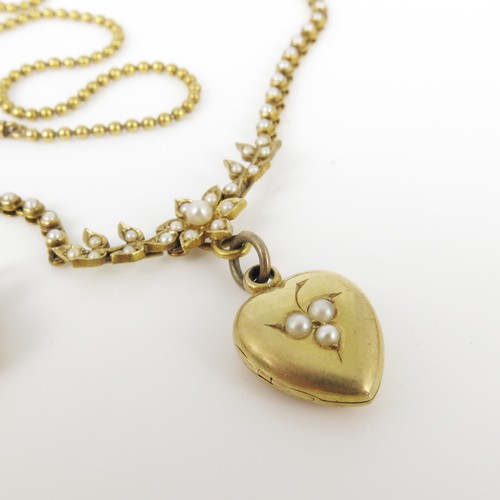 622 - HEART SHAPED LOCKET SET WITH SEED PEARL AND ONE OTHER SET WITH SEED PEARLS ON A SEED PEARL SET NECKL... 