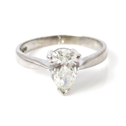 678 - MAGNIFICENT 18CT WHITE GOLD DIAMOND SOLITAIRE RING, APPROX. 1CT PEAR CUT DIAMOND, SIZE N