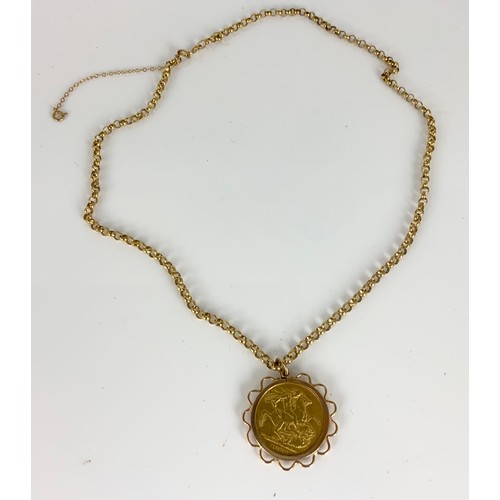 624 - VICTORIAN 1887 SOVEREIGN PENDANT MOUNTED ON 9CT GOLD BELCHER TYPE NECKLACE, APPROX. 16.6g gross