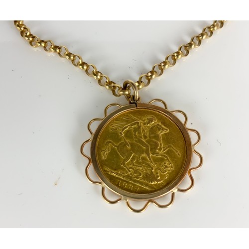 624 - VICTORIAN 1887 SOVEREIGN PENDANT MOUNTED ON 9CT GOLD BELCHER TYPE NECKLACE, APPROX. 16.6g gross