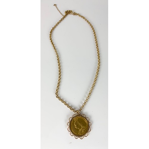 624 - VICTORIAN 1887 SOVEREIGN PENDANT MOUNTED ON 9CT GOLD BELCHER TYPE NECKLACE, APPROX. 16.6g gross