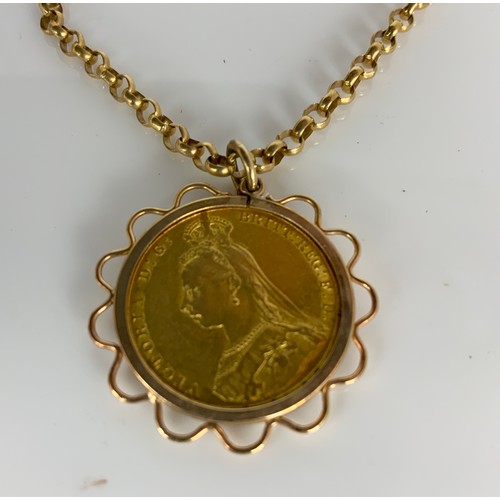 624 - VICTORIAN 1887 SOVEREIGN PENDANT MOUNTED ON 9CT GOLD BELCHER TYPE NECKLACE, APPROX. 16.6g gross