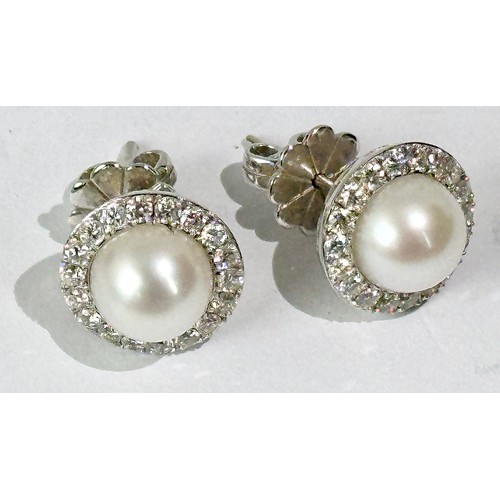 682 - PAIR OF PEARL AND DIAMOND CLUSTER EARRINGS, 2, 8.3mm FRESHWATER PEARLS AND 36 BRILLIANT CUT DIAMONDS... 