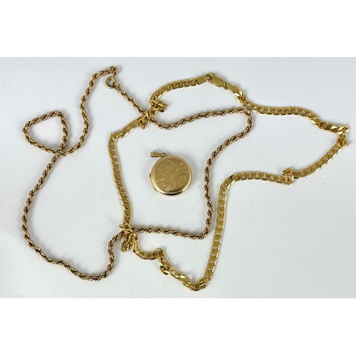 619 - 2 GOLD NECKLACES MARKED 9KT AND A 9CT GOLD CIRCULAR LOCKET, APPROX. 21.8g gross