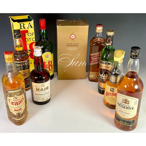 11 - 9 BOTTLES OF WHISKEY INCLUDING JOHNNIE WALKER RED LABEL, HAIG GOLD LABEL, GLENFIDDICH, GRANT’S, TOMA... 