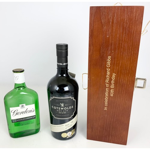 45 - 70CL BOTTLE COTSWOLD GIN IN PRESENTATION BOX AND HALF BOTTLE GORDONS GIN