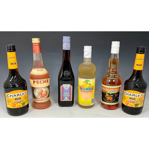 40 - 6 BOTTLES OF FRUIT LIQUERS INCLUDING L'HERITIER GUYOT PECHE, 2 X CHARLY'S MARILLE, APRICOT BRANDY, M... 