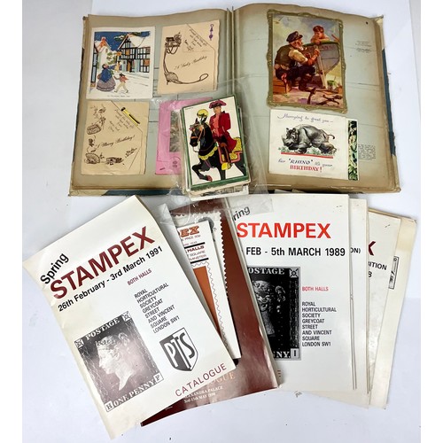 476 - COLLECTION OF VINTAGE GREETINGS CARDS, SOME POSTCARDS AND STAMPEX CATALOGUES