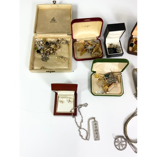 516 - QUANTITY OF COSTUME JEWELLERY ETC INC GOLD EARINGS, CUFFLINKS, VINTAGE WATCHES