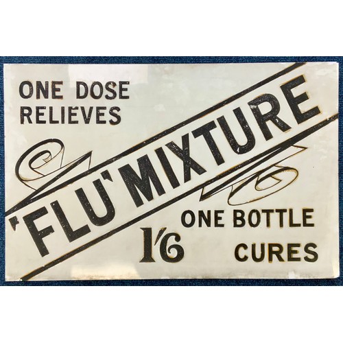 122 - PAIR OF GLASS CHEMIST SIGNS  APPROXIMATELY 87cm x 57cm RED CHERRY LINCTUS FOR COUGHS, & FLU MIXTURE ... 