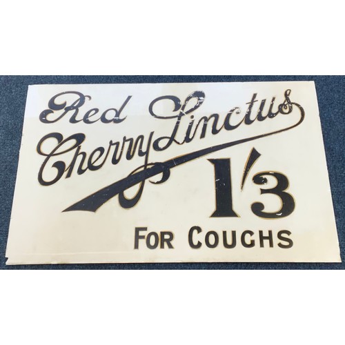 122 - PAIR OF GLASS CHEMIST SIGNS  APPROXIMATELY 87cm x 57cm RED CHERRY LINCTUS FOR COUGHS, & FLU MIXTURE ... 