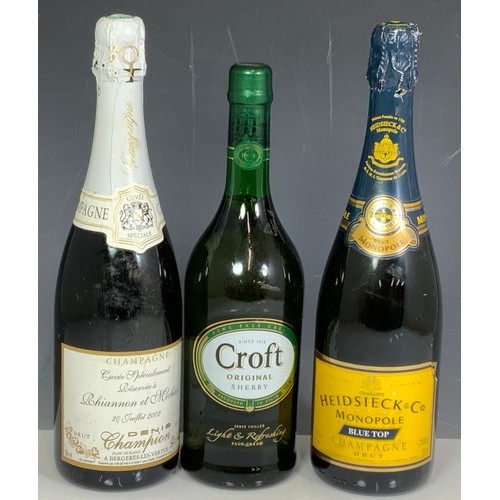 67 - BOTTLE OF CROFT ORIGINAL SHERRY, HEIDSIECK MONOPOLE BLUE TOP CHAMPAGNE, & DENIS CHAMPION CHAMPAGNE