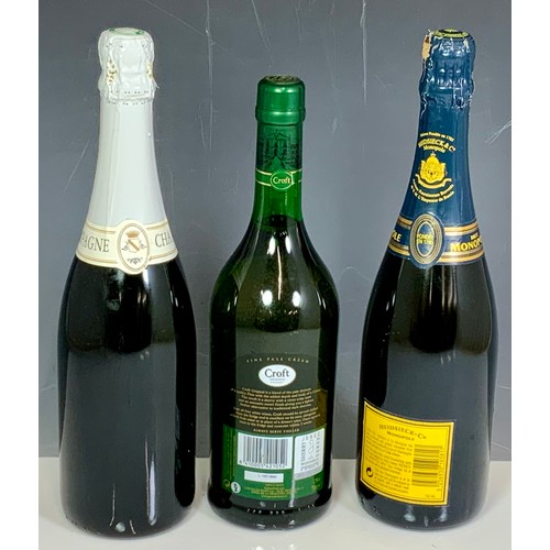 67 - BOTTLE OF CROFT ORIGINAL SHERRY, HEIDSIECK MONOPOLE BLUE TOP CHAMPAGNE, & DENIS CHAMPION CHAMPAGNE