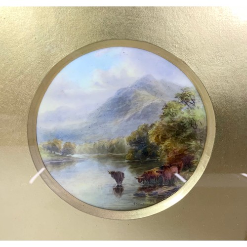 31 - FRAMED ROYAL WORCESTER CIRCULAR PLAQUE HAND DECORATED WITH HIGHLAND CATTLE IN A NATURAL LANDSCAPE SI... 