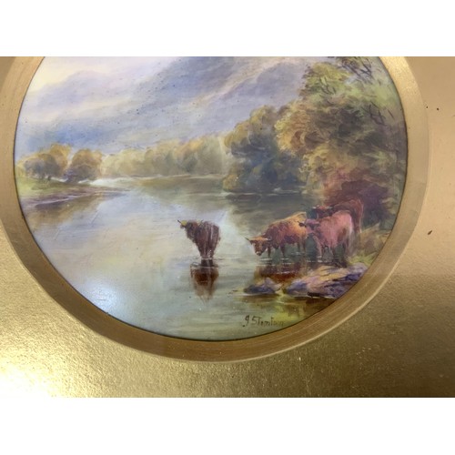 31 - FRAMED ROYAL WORCESTER CIRCULAR PLAQUE HAND DECORATED WITH HIGHLAND CATTLE IN A NATURAL LANDSCAPE SI... 