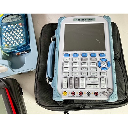 128 - A HANTEK DSO 1060 HANDHELD OSCILLOSCOPE, A BROTHER P-TOUCH LABEL PRINTER AND A LAUNCH CODE READER V