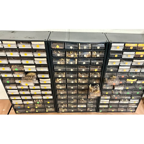 136 - THREE MULTI DRAWER COMPONENT CABINETS CONTAINING MISC. ELECTRONICS RESISTORS