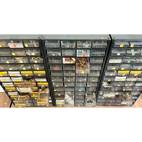 134 - THREE MULTI DRAWER COMPONENT CABINETS CONTAINING MISC. ELECTRONICS COMPONENTS