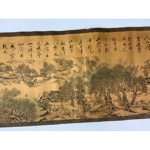 30 - INTRESTING ORIENTAL SCROLL WITH LANDCSAPE SCENE & CHARACTER MARKS  APPROXIMATELY 300cm x 29cm