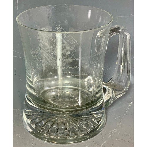 33 - ETCHED WITH THE ENGINE DESIGN AND DETAILS COMMEMORATIVE GLASS TANKARD COVERING THE SUCCESS OF THE FO... 