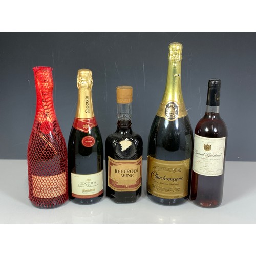 66 - BOTTLE OF MOET ET CHANDON CHAMPAGNE, ONE OTHER CHAMPAGNE, BEETROOT WINE AND A BOTTLE OF MERLOT