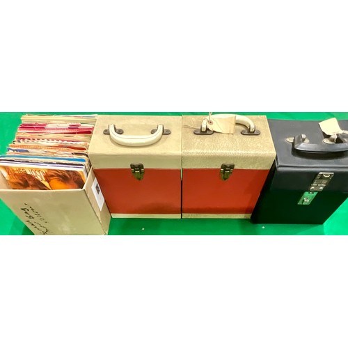 301 - THREE CARRY/STORAGE CASES AND A BOX OF 7” SINGLES FROM 1960’S TO 1980’S. APPROX. 200 RECORDS