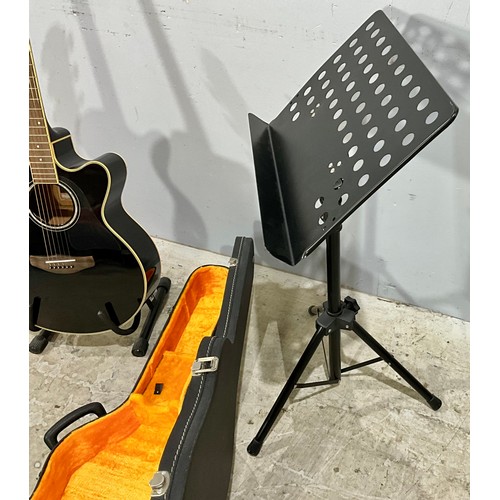 220 - CASED YAMAHA CPX700 ELECTRO ACCOUSTIC GUITAR, MUSIC STAND AND GUITAR STAND