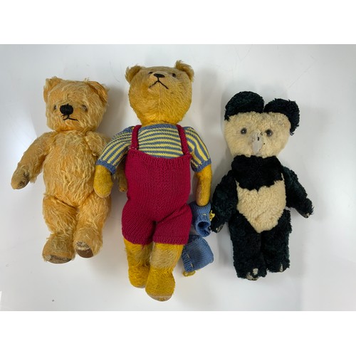 49 - 3 VINTAGE BEARS, TWO ARE GOLDEN PLUSH FUR WITH STITCHED MOUTHS, THE OTHER A PANDA