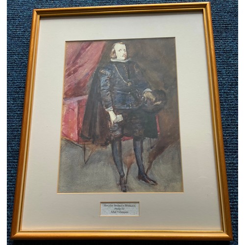 6 - WATERCOLOUR OF GENTLEMAN IN PERIOD COSTUME INITIAL SIGNATURE HBB MOUNTED & TITLED HERCULES BRABAZON ... 