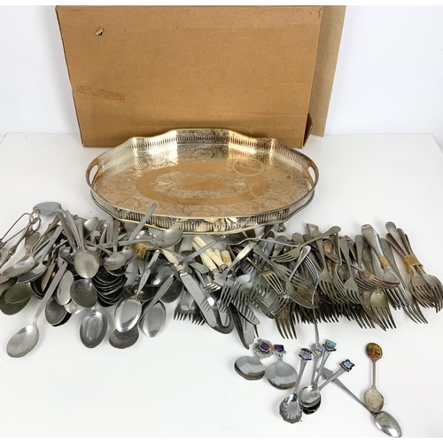 283 - BOXED SILVER PLATED GALLERIED TRAY WIDTH 46cm WITH A QUANTITY A FLATWARE