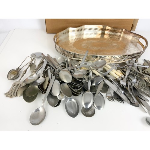 283 - BOXED SILVER PLATED GALLERIED TRAY WIDTH 46cm WITH A QUANTITY A FLATWARE