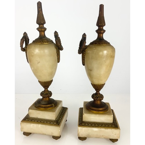 371 - PAIR OF FRENCH URN SHAPED DECORATIVE ONYX AND GILT MOUNTED VASES 36cm TALL