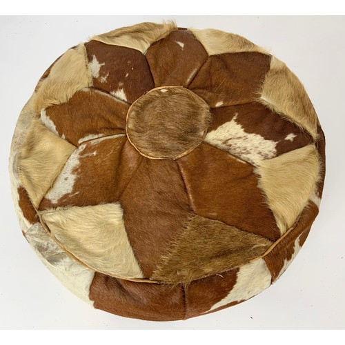 628 - UNUSUAL COWHIDE / LEATHER POUF / CUSHION 45cm DIAMETER , 21cm TALL