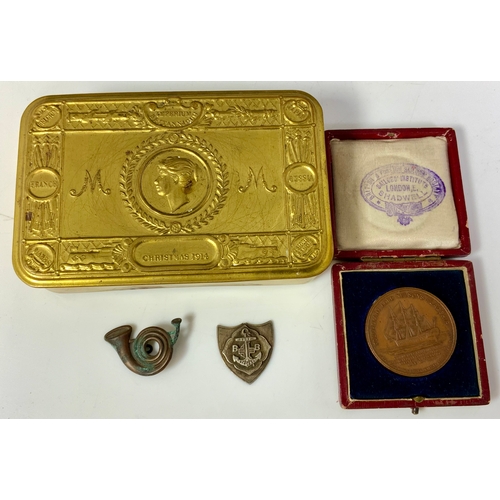 9 - WW1 QUEEN MARY TOBACCO TIN, PLUS A CASED FOUDROYANT LORD NELSON’S FLAGSHIP COMMEMORATIVE WITH BUST O... 