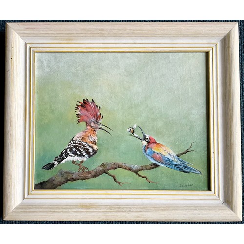 20 - CHRISTOPHER HUGHES OIL ON BOARD DEPICTING TWO BIRDS ON A BRANCH TRYING TO CATCH A BEE. Approx. 31 x ... 