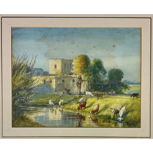 25 - WATERCOLOUR WITH GOAT SHEPHERD DEPICTION T/W ANOTHER WATERCOLOUR OF STOCK FARMER BOTH WITH TRM MONOG... 