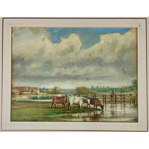 25 - WATERCOLOUR WITH GOAT SHEPHERD DEPICTION T/W ANOTHER WATERCOLOUR OF STOCK FARMER BOTH WITH TRM MONOG... 