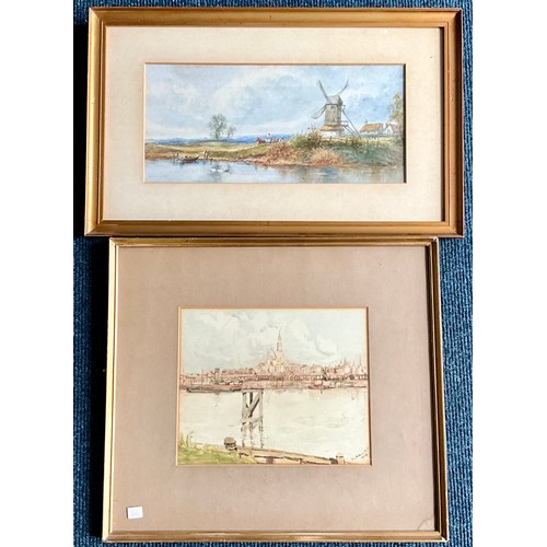 26 - NORMAN BRADLEY WATERCOLOUR OF A RIVERSIDE WINDMILL SCENE T/W ANOTHER WATERCOLOUR WITH SIGNATURE M. M... 